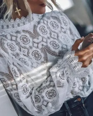 Xieyinshe - Casual Hollow Out Lace Long Sleeve Top