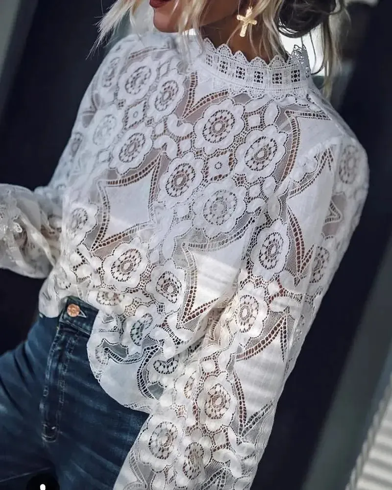 Xieyinshe - Casual Hollow Out Lace Long Sleeve Top