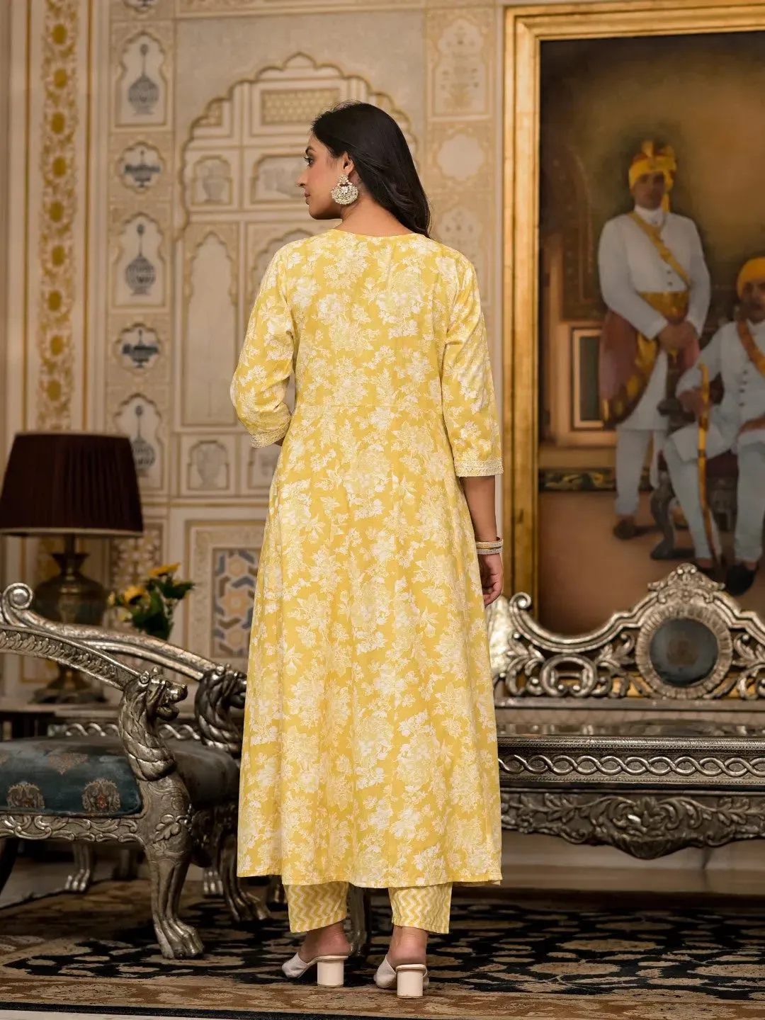 Yellow Floral Printed Rayon Kurta With Pant And Dupatta With Thread & Sequins Work-J4838YELLOW_OF