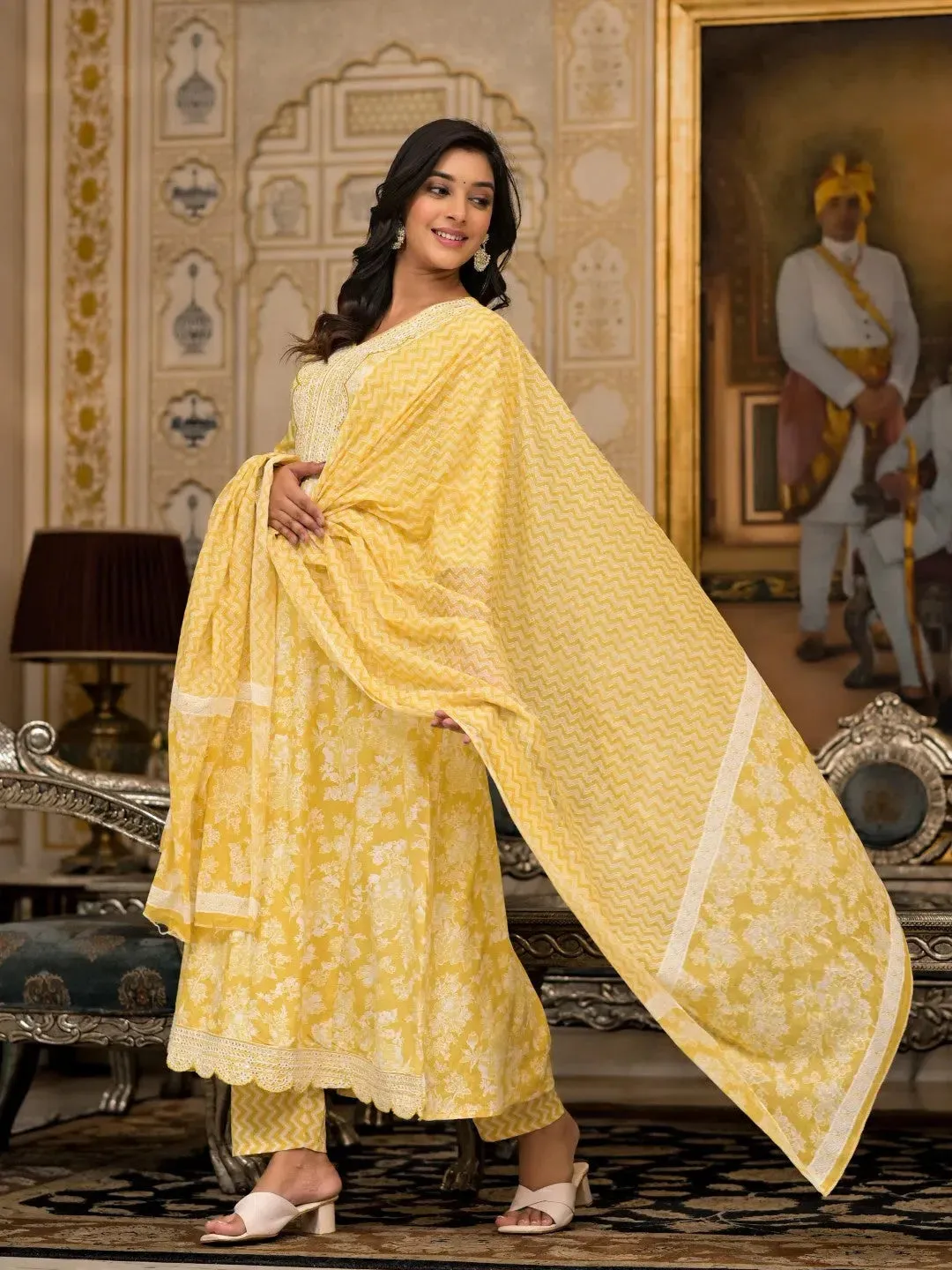 Yellow Floral Printed Rayon Kurta With Pant And Dupatta With Thread & Sequins Work-J4838YELLOW_OF
