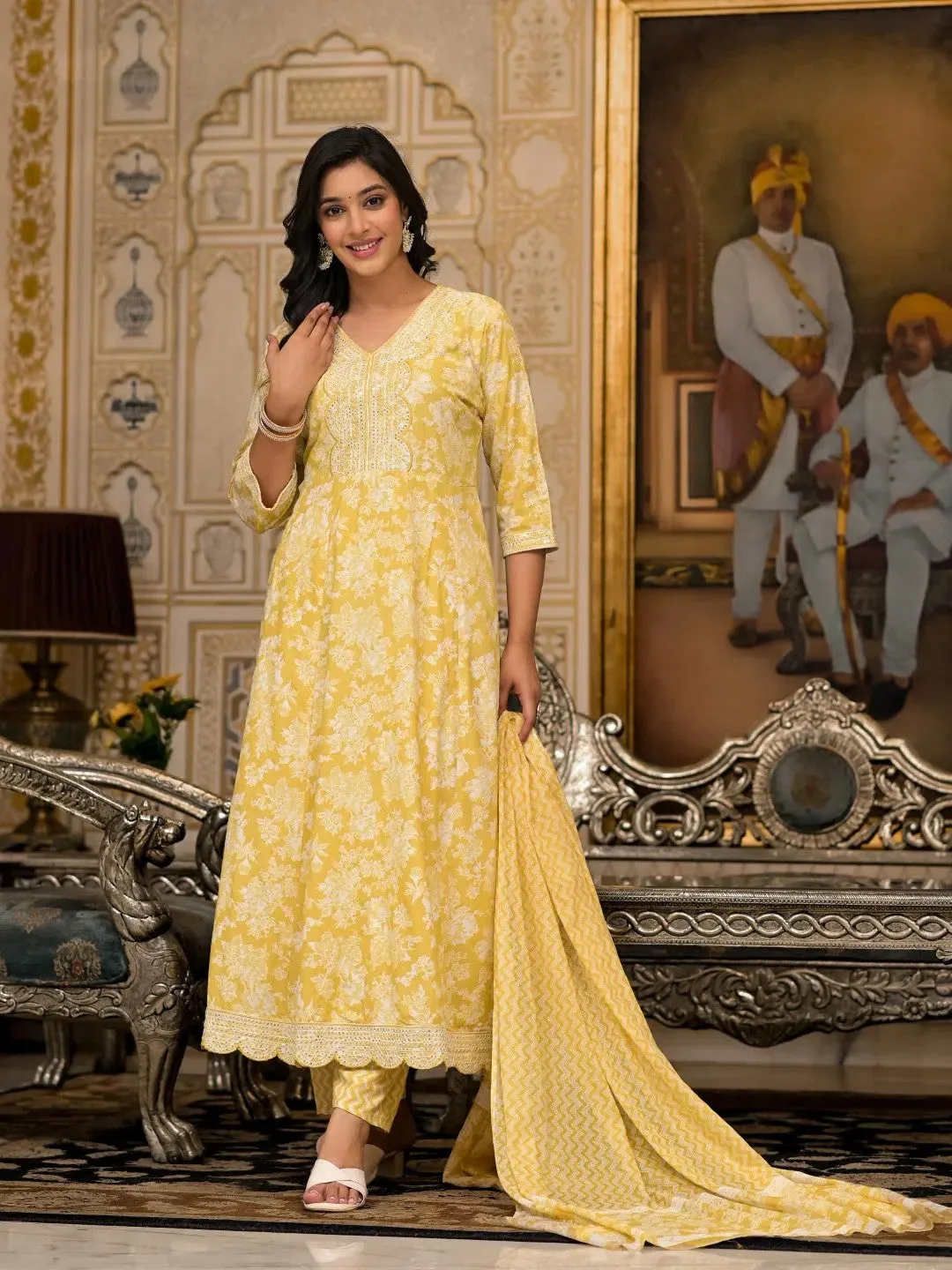 Yellow Floral Printed Rayon Kurta With Pant And Dupatta With Thread & Sequins Work-J4838YELLOW_OF
