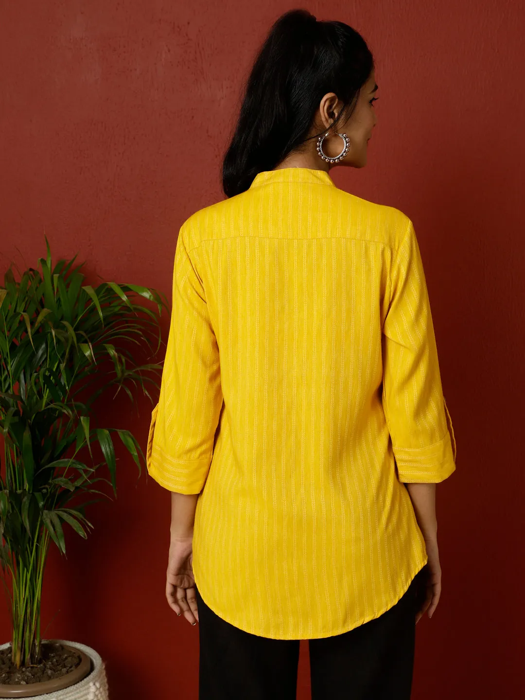 Yellow Yarn Dyed Pleated Top