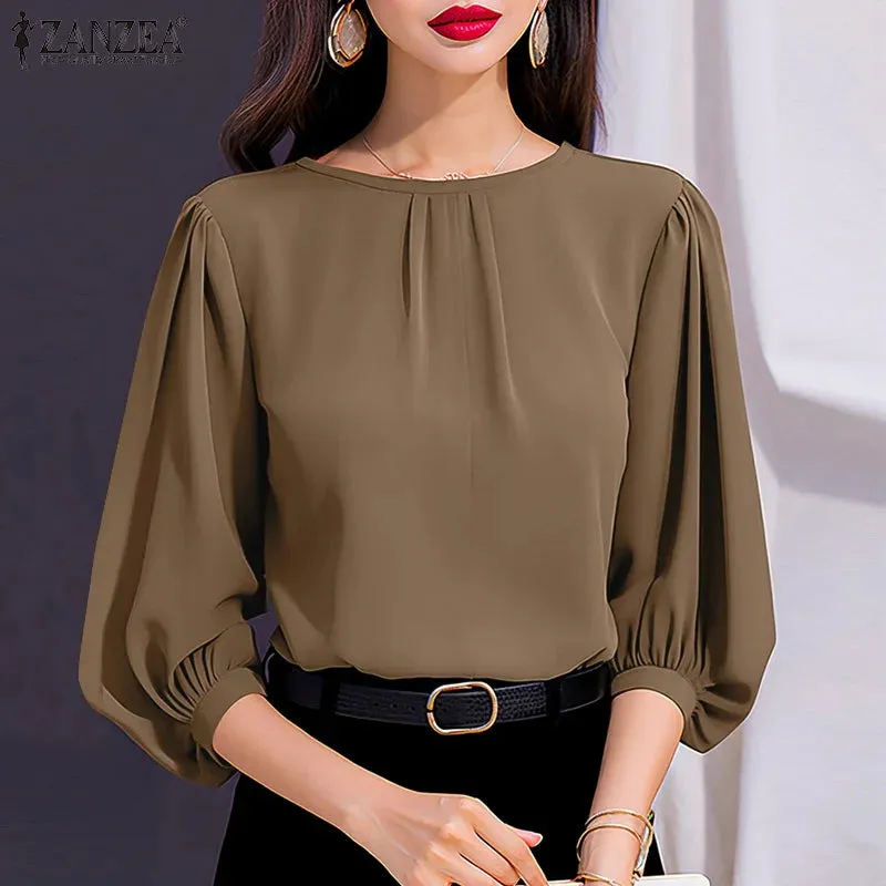 ZANZEA Women’s Lantern Sleeve Solid Blouse – Casual Office Work Top