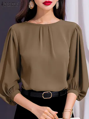 ZANZEA Women’s Lantern Sleeve Solid Blouse – Casual Office Work Top