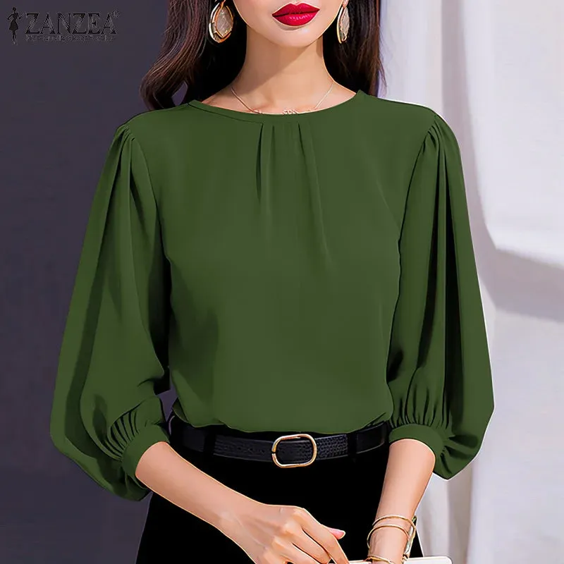 ZANZEA Women’s Lantern Sleeve Solid Blouse – Casual Office Work Top