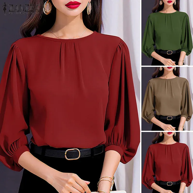 ZANZEA Women’s Lantern Sleeve Solid Blouse – Casual Office Work Top