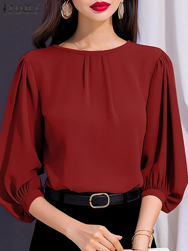ZANZEA Women’s Lantern Sleeve Solid Blouse – Casual Office Work Top