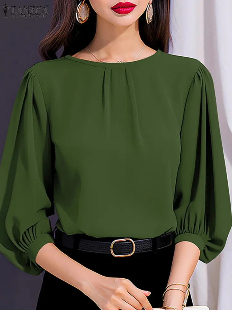 ZANZEA Women’s Lantern Sleeve Solid Blouse – Casual Office Work Top