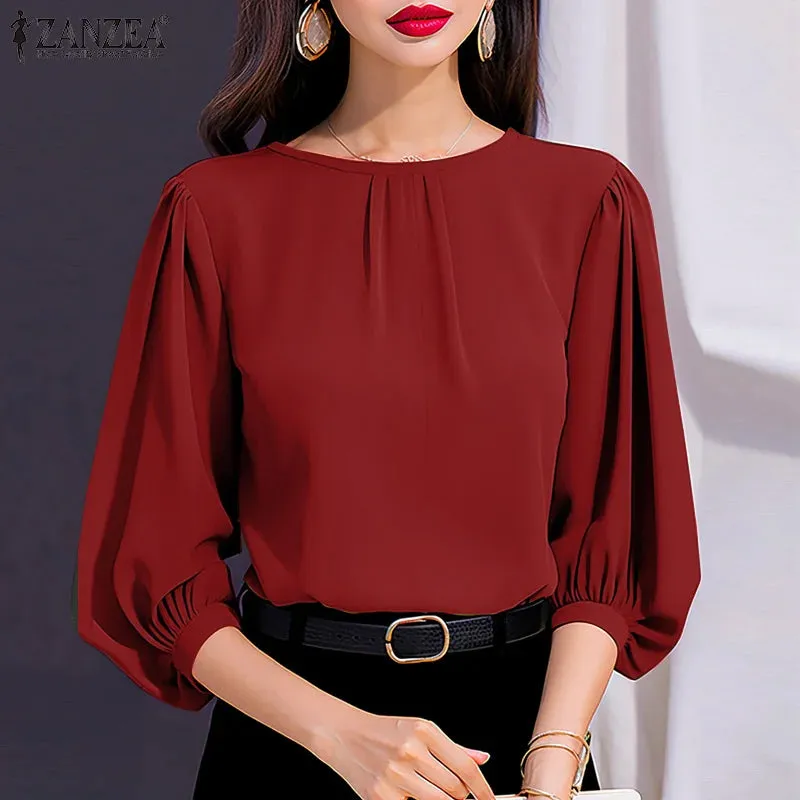 ZANZEA Women’s Lantern Sleeve Solid Blouse – Casual Office Work Top